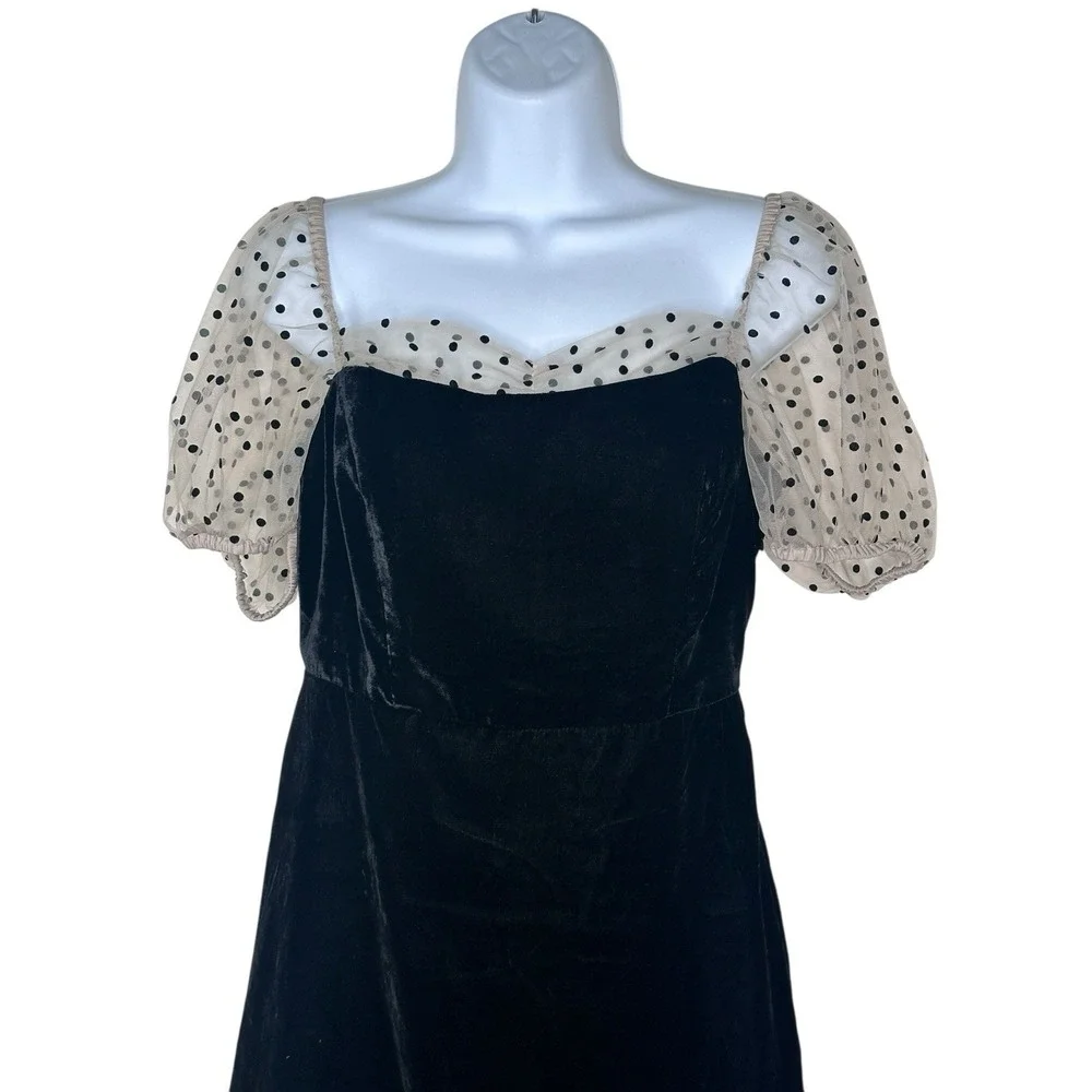 Camila Coelho Heirloom Velvet Tulle Puff Sleeve Flocked Dot Dress Black SMALL S - Picture 7 of 10
